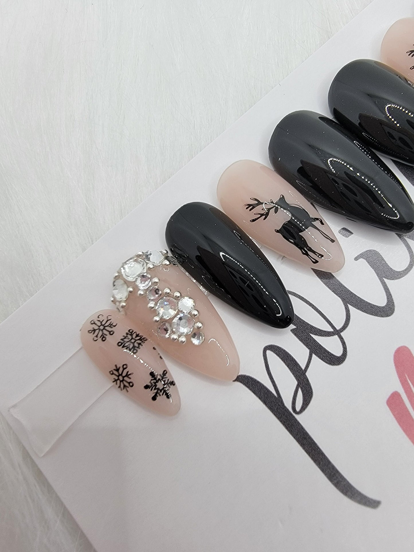 Dark Christmas 2022 Reindeer Black and Nude Nails w/ Rhinestones and Snowflakes Press On Fake False Glue on Nails