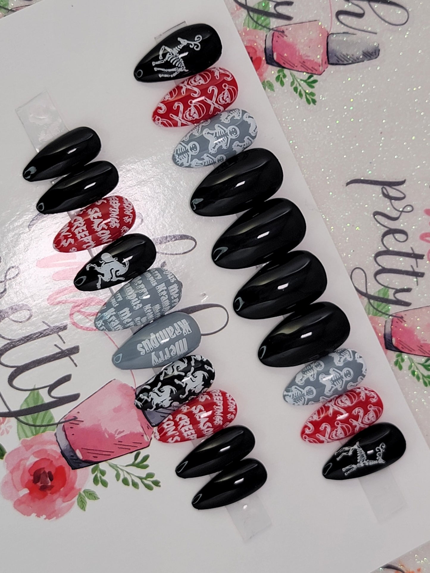 Merry Krampus Evil Christmas GingerDead Creepy Christmas Reindeer Skeleton Press On Nails,  False, Fake Nails Glue Ons