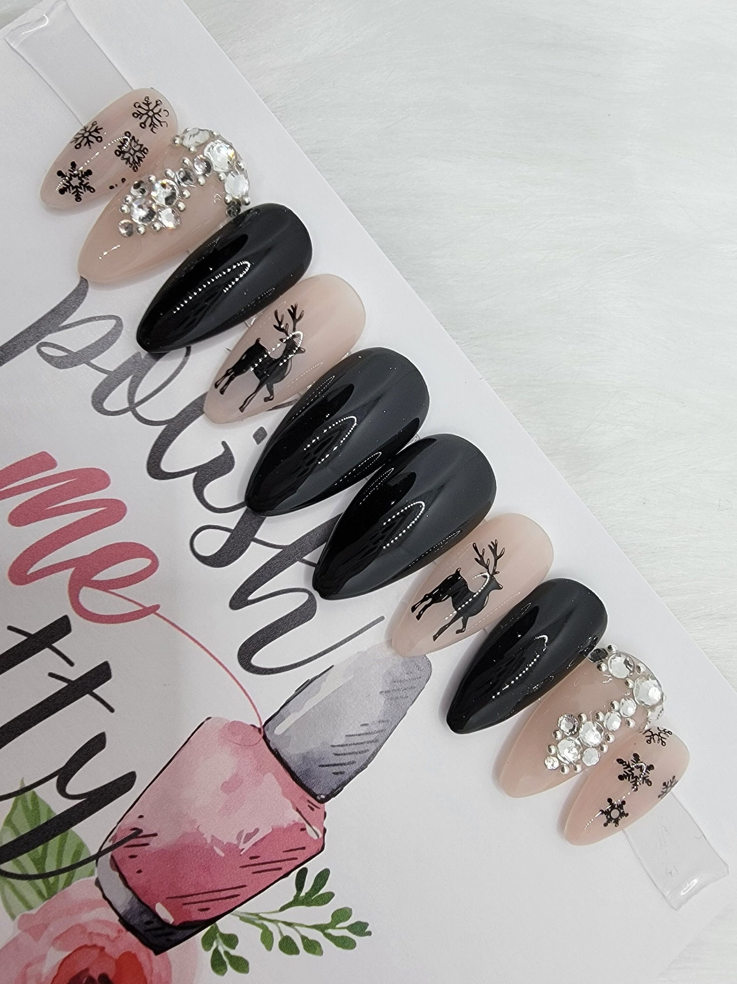 Dark Christmas 2022 Reindeer Black and Nude Nails w/ Rhinestones and Snowflakes Press On Fake False Glue on Nails