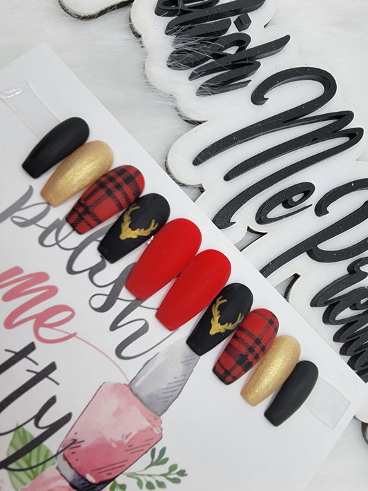 Christmas Buffalo Plaid, Gold Reindeer, Gold Glitter Handpainted Custom False Nails Fake Nails Press On Nails