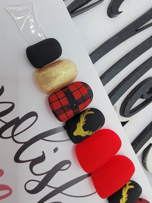 Christmas Buffalo Plaid, Gold Reindeer, Gold Glitter Handpainted Custom False Nails Fake Nails Press On Nails