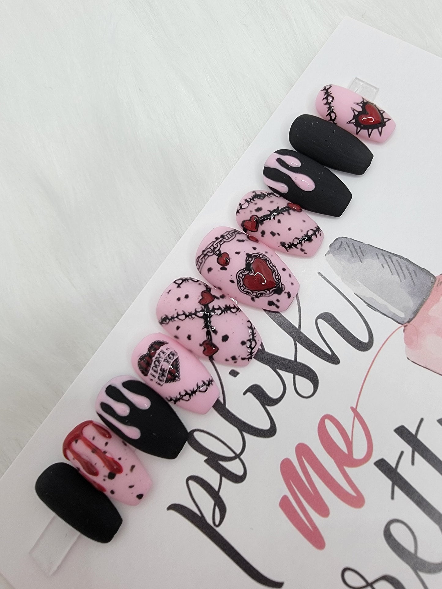 Anti-Valentine Nails!  Chains and Barbed Wire!  I DON'T Love You...Pink and Black Blood Drips, Press On Nails,  False, Fake Nails Glue Ons