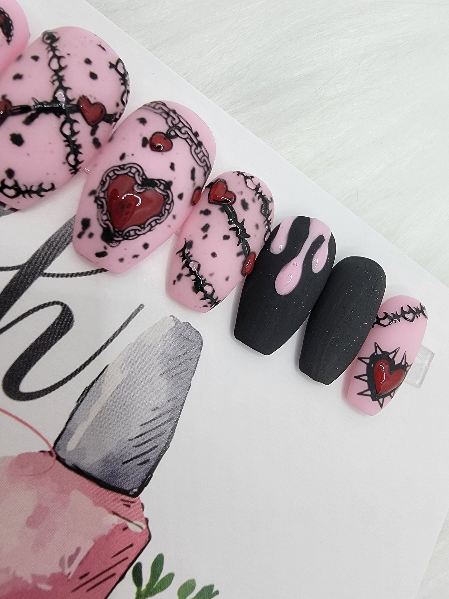 Anti-Valentine Nails!  Chains and Barbed Wire!  I DON'T Love You...Pink and Black Blood Drips, Press On Nails,  False, Fake Nails Glue Ons