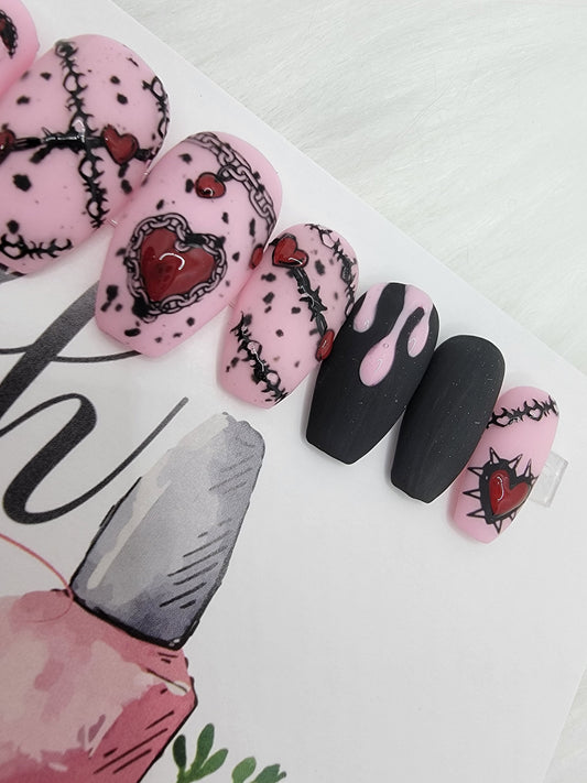 Anti-Valentine Nails!  Chains and Barbed Wire!  I DON'T Love You...Pink and Black Blood Drips, Press On Nails,  False, Fake Nails Glue Ons