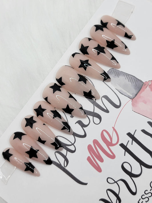 Nude with Black Stars! CHOOSE ANY COLOURS False Fake Press On Glue On Nails