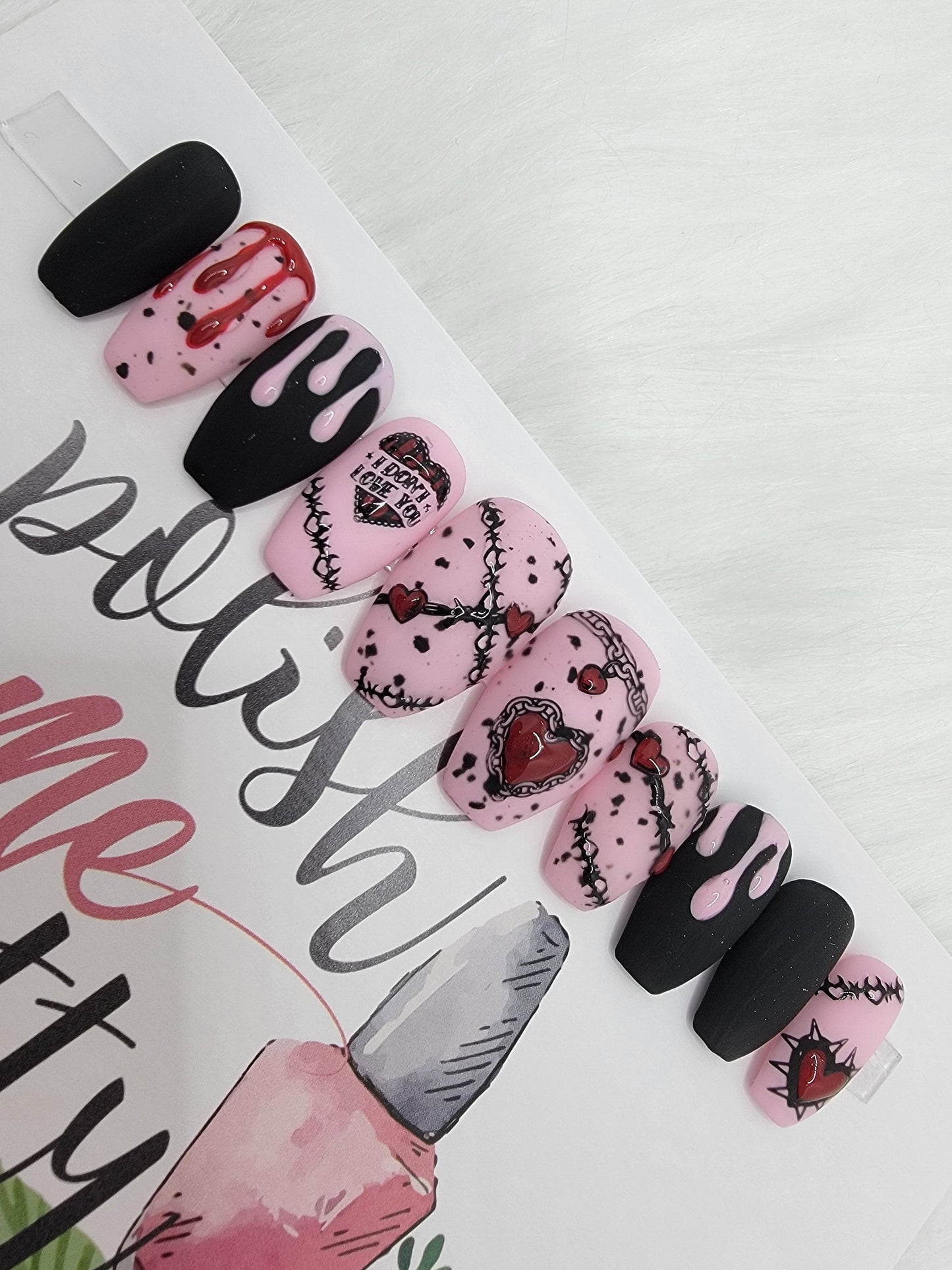 Anti-Valentine Nails!  Chains and Barbed Wire!  I DON'T Love You...Pink and Black Blood Drips, Press On Nails,  False, Fake Nails Glue Ons