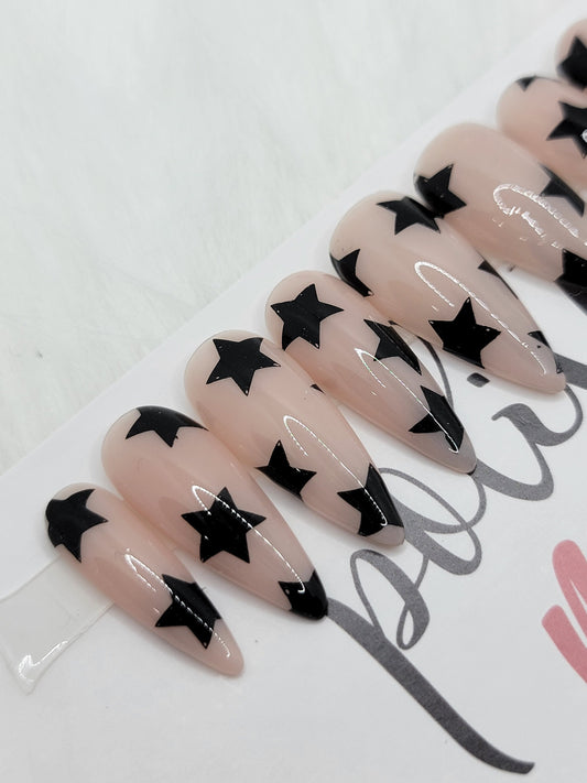 Nude with Black Stars! CHOOSE ANY COLOURS False Fake Press On Glue On Nails