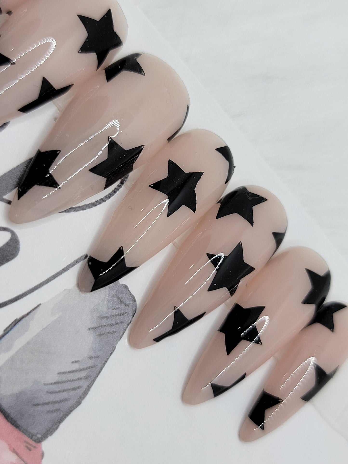 Nude with Black Stars! CHOOSE ANY COLOURS False Fake Press On Glue On Nails