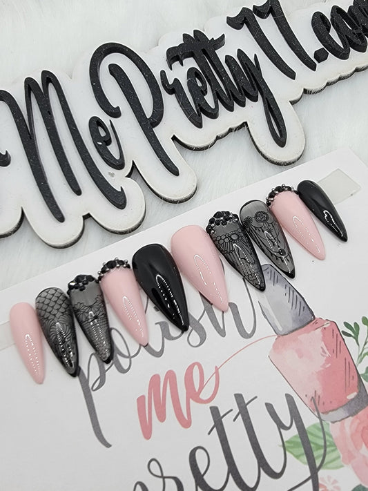 Pink and Black Stamped Clear Black Nails with Rhinestones Nails, Glitter Nails Custom False Nails Fake Nails Press On Nails
