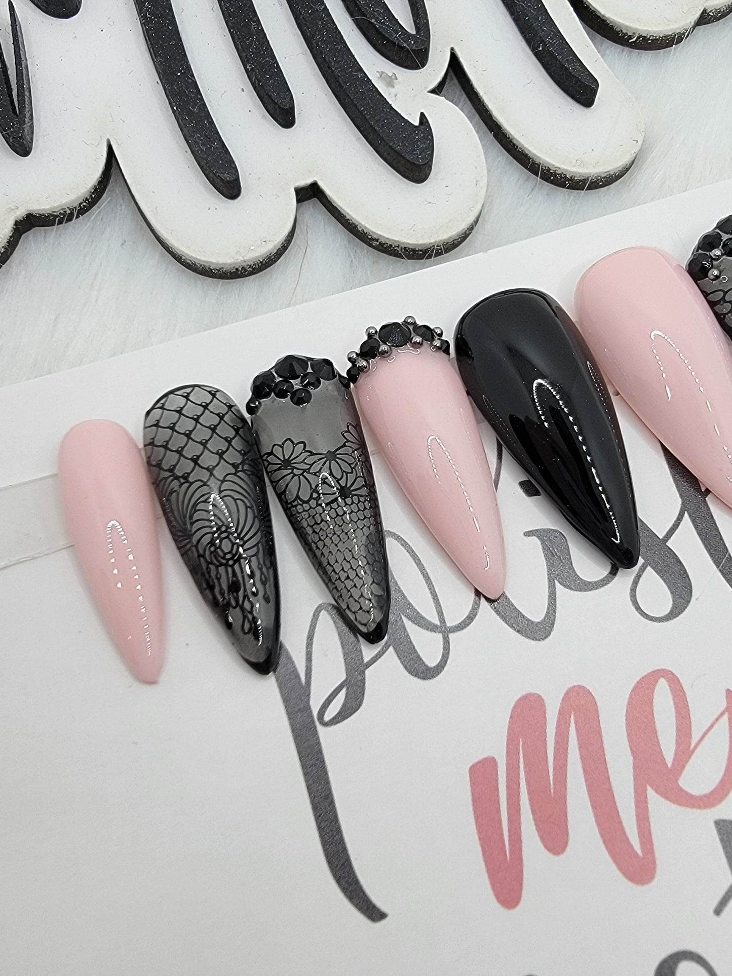 Pink and Black Stamped Clear Black Nails with Rhinestones Nails, Glitter Nails Custom False Nails Fake Nails Press On Nails
