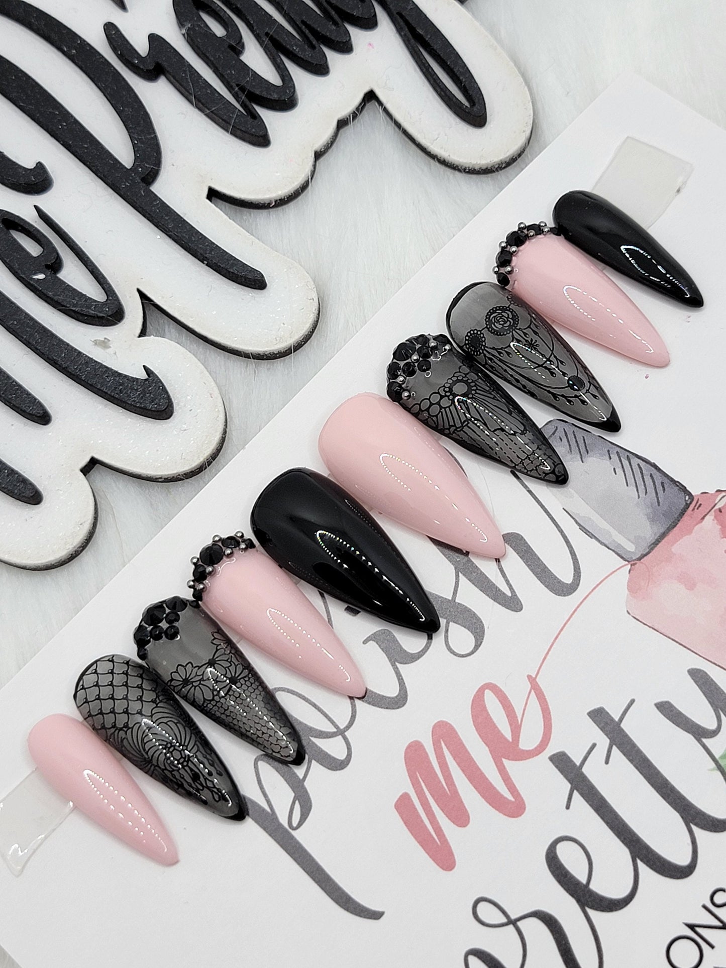 Pink and Black Stamped Clear Black Nails with Rhinestones Nails, Glitter Nails Custom False Nails Fake Nails Press On Nails