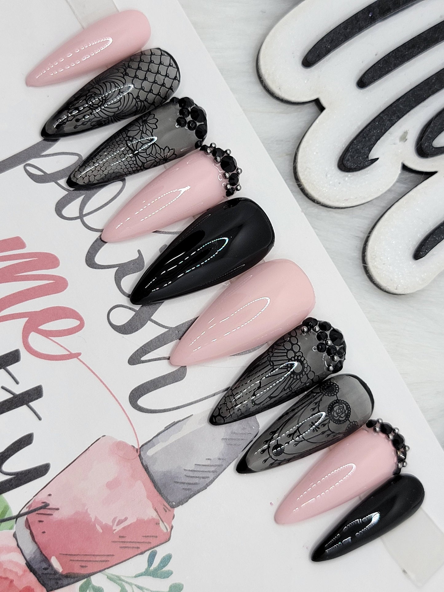 Pink and Black Stamped Clear Black Nails with Rhinestones Nails, Glitter Nails Custom False Nails Fake Nails Press On Nails