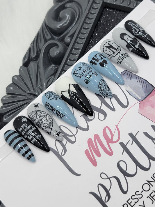 Wednesday Addams, Nevermore, Tim Burton Press On Nails,  False, Fake Nails Glue Ons