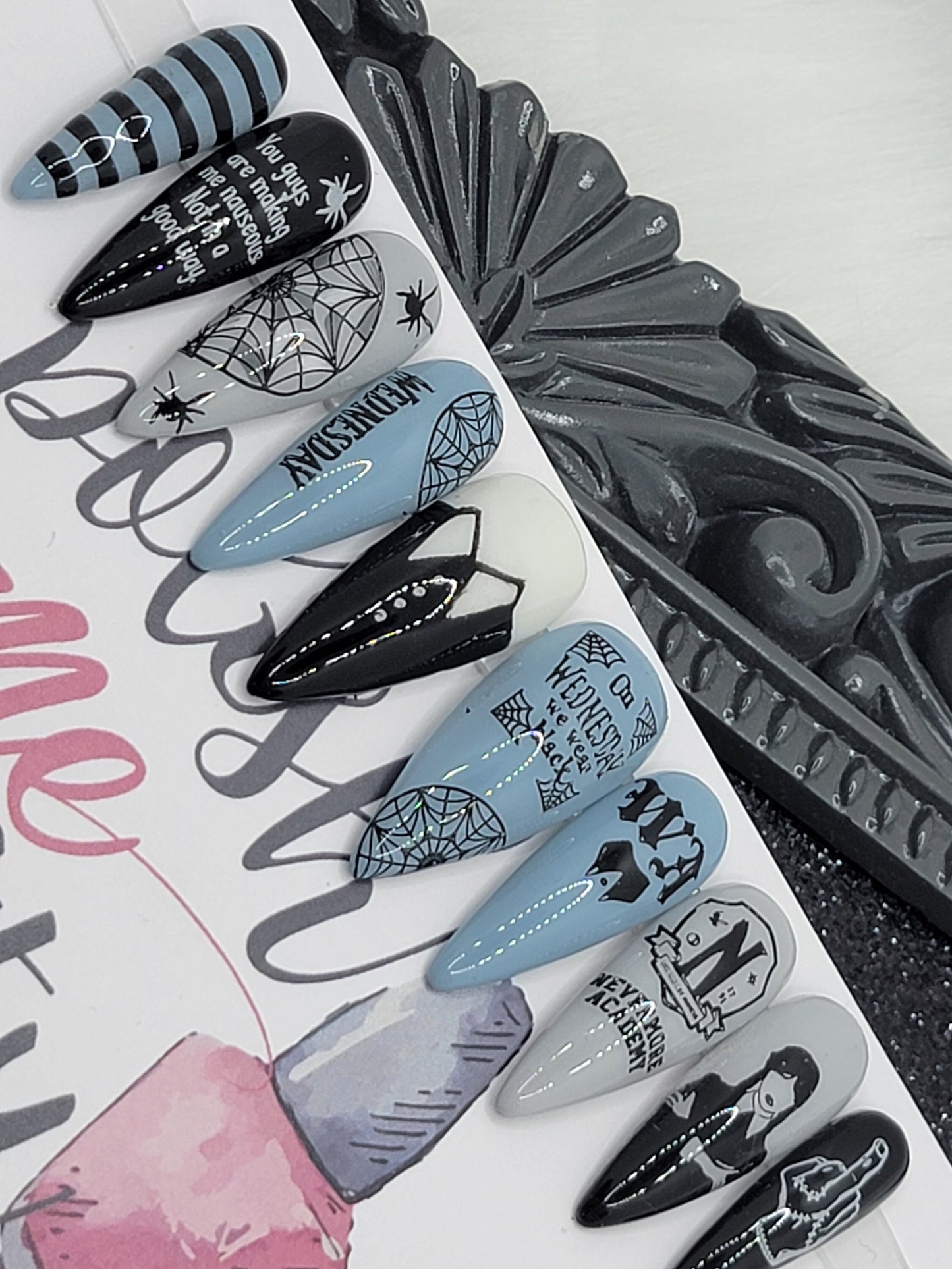 Wednesday Addams, Nevermore, Tim Burton Press On Nails,  False, Fake Nails Glue Ons