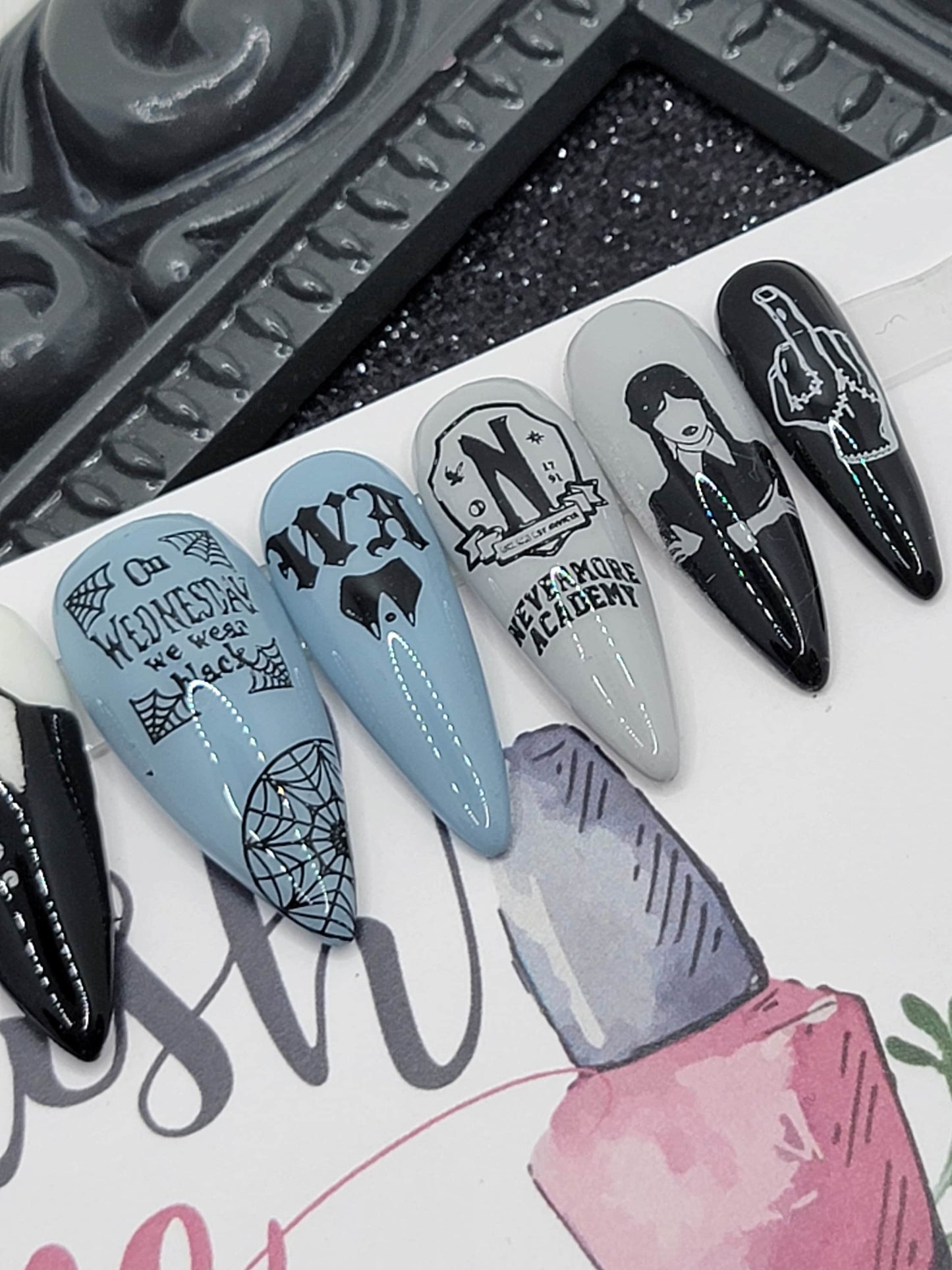 Wednesday Addams, Nevermore, Tim Burton Press On Nails,  False, Fake Nails Glue Ons
